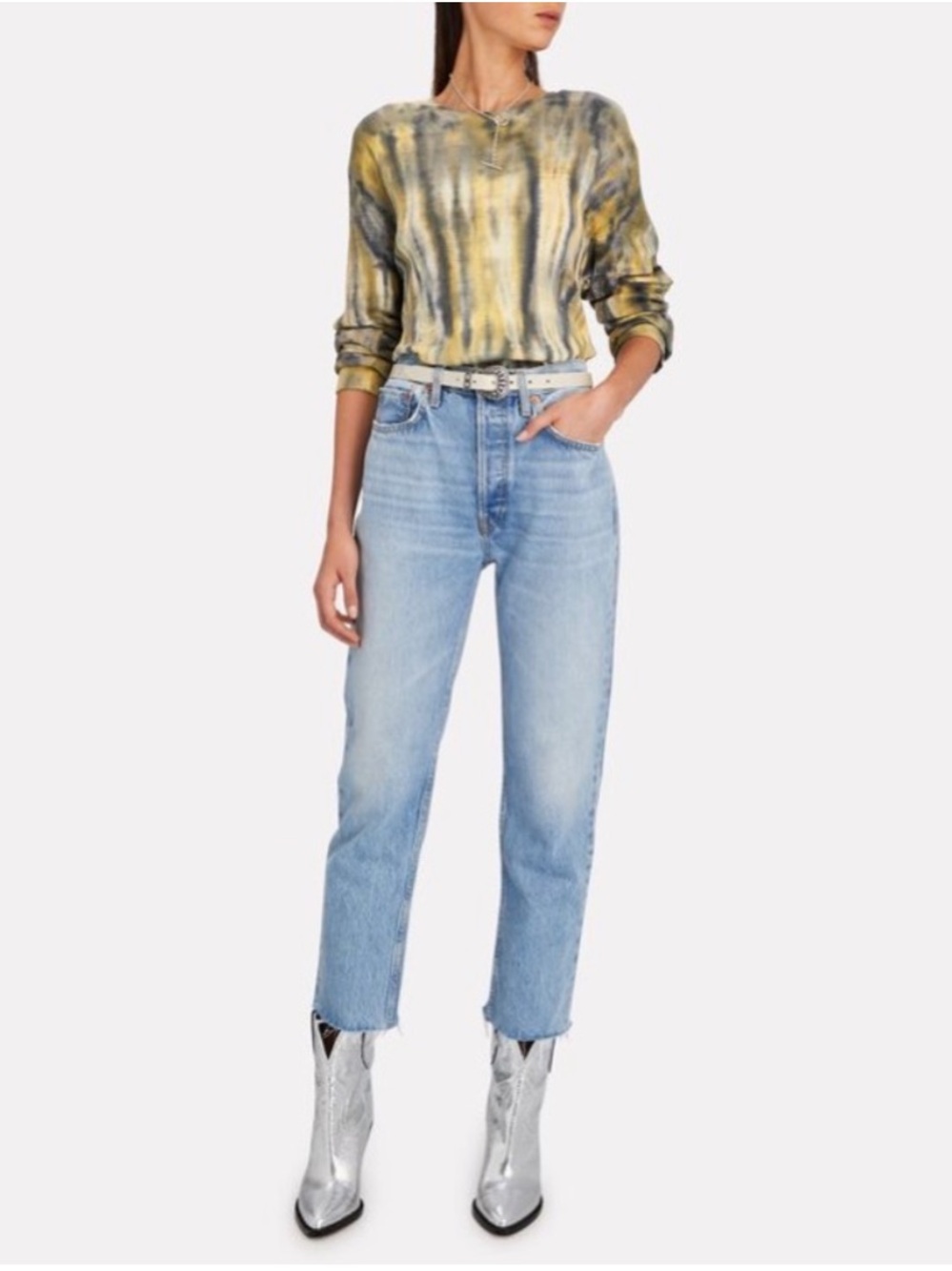 Re/Done Yellow & Navy Tie-Dye Ribbed Long Sleeve Top - Picture 3 of 3